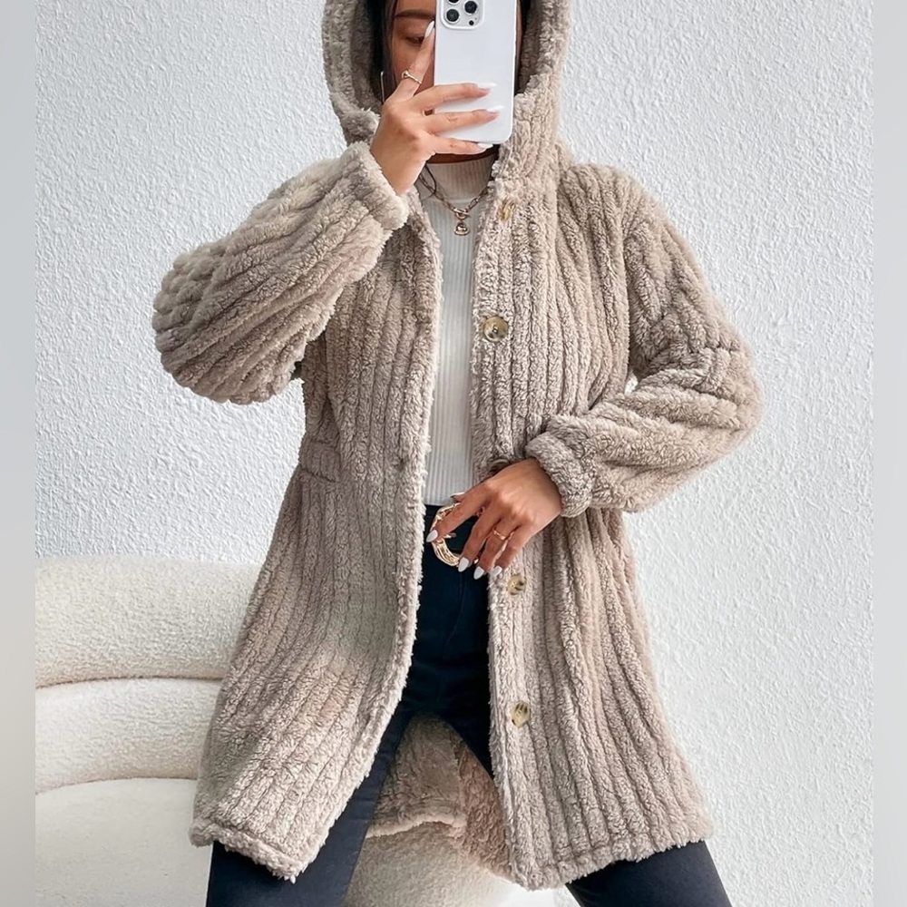 Cozy teddy Button Front Hooded Coat Jackets color Khaki - Picture 5 of 8